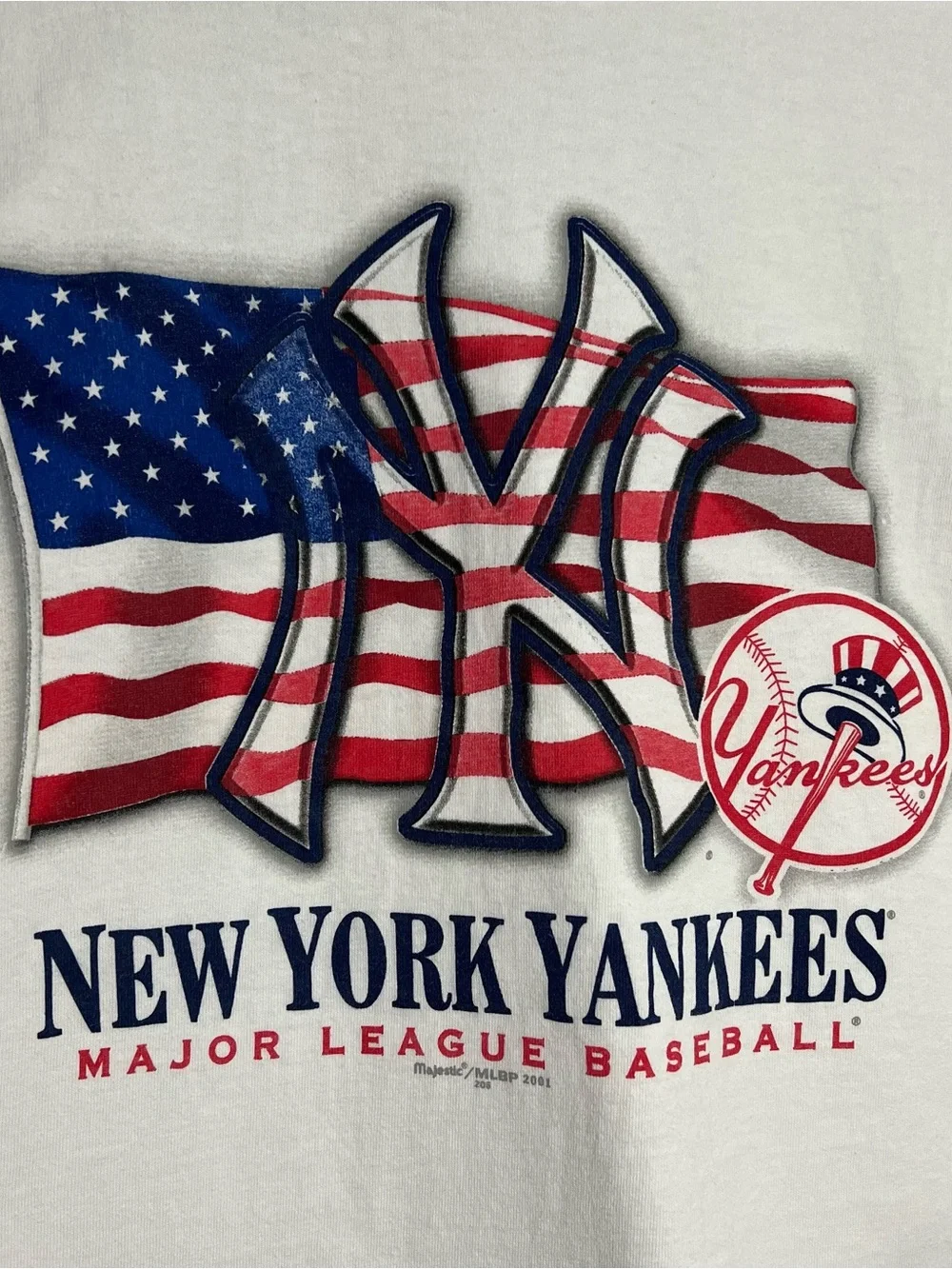 Vintage Majestic MLB New York Yankees US American Flag White T-Shirt Mens Large